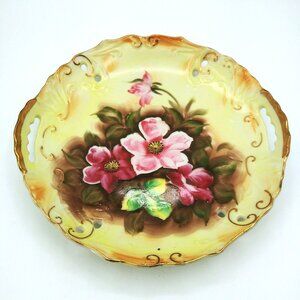 Vintage Enesco Pierced Handle Plate Hand Painted Floral Gold Trim Pattern #E2368